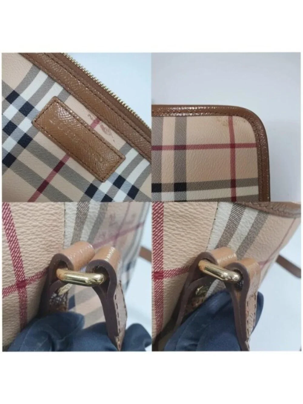 Authentic Burberry Haymarket Check Tote Bag Leather With Matching Zip Pouch